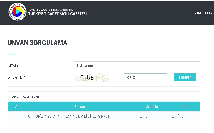 Türkiye Ticaret Sicili Gazetesi - Not Turizm Seyahat Unvan Tescil