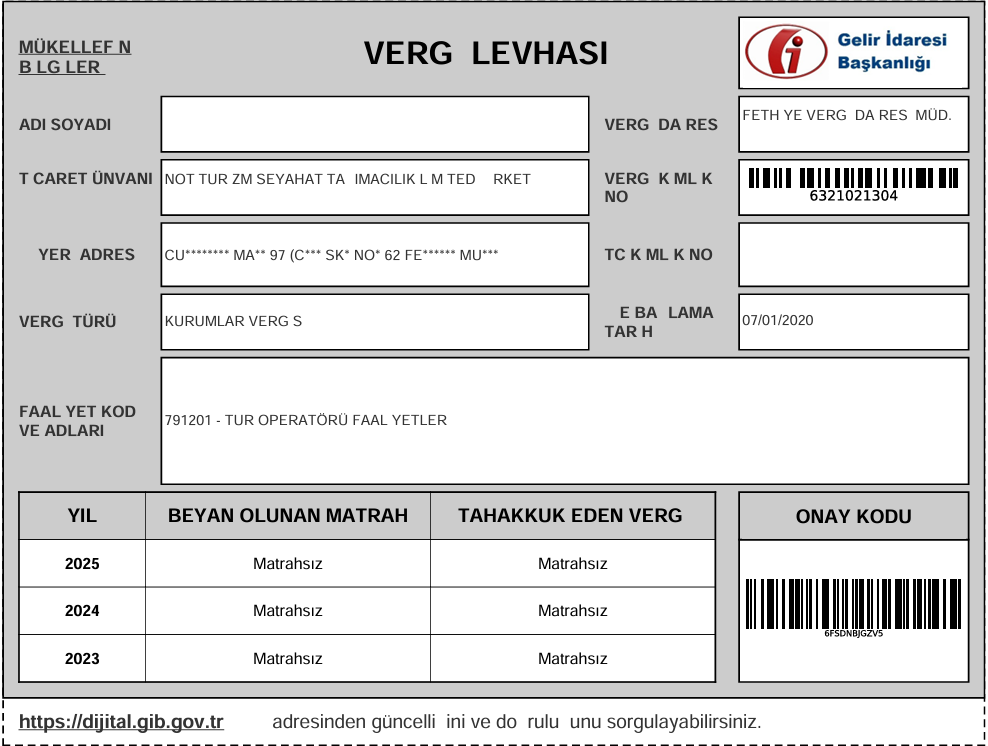 Not Turizm Seyahat - Vergi Levhası